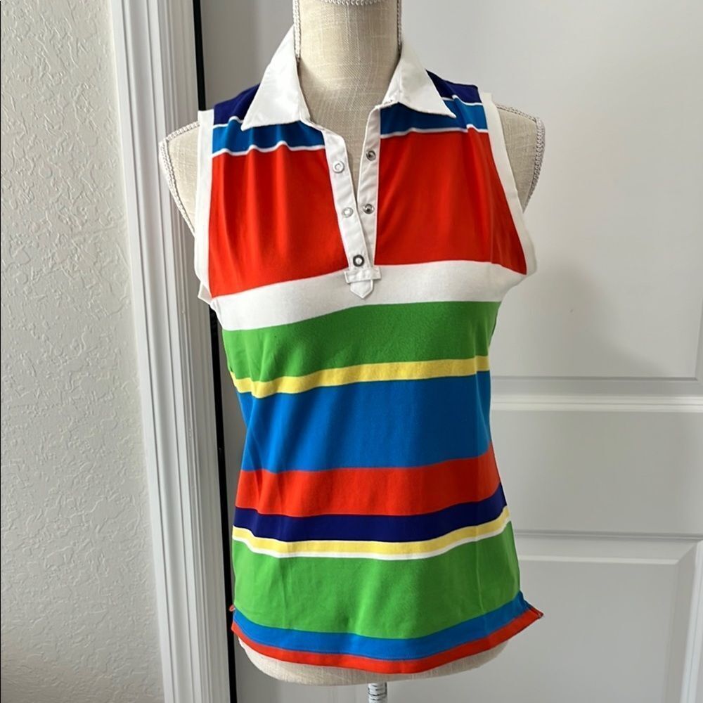 Ralph Lauren L-RL Petite VTG MULTI Striped Sleeveless Polo Collared RARE FIND !